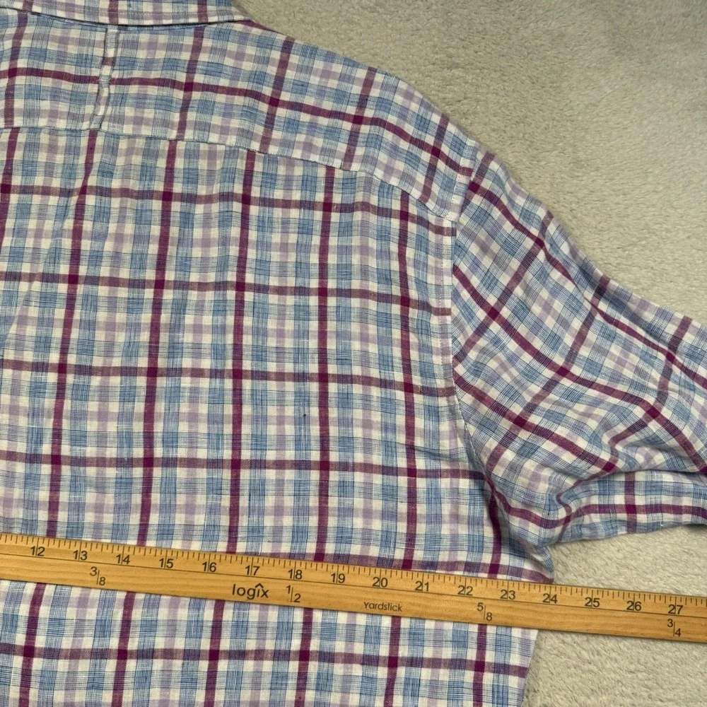 Banana Republic Button Down Mens Large Blue Purple Plaid 100% Linen Camden Shirt